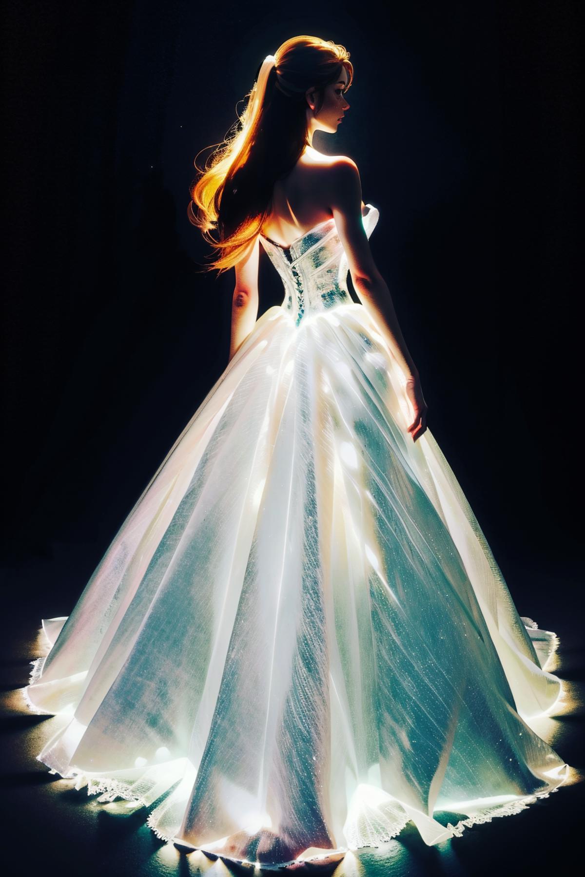 Gl0wW3dd, sparkle, glowing wedding dress, bare shoulders, strapless dress, from behind, <lora:Gl0wW3dd:0.8>  masterpiece, ...